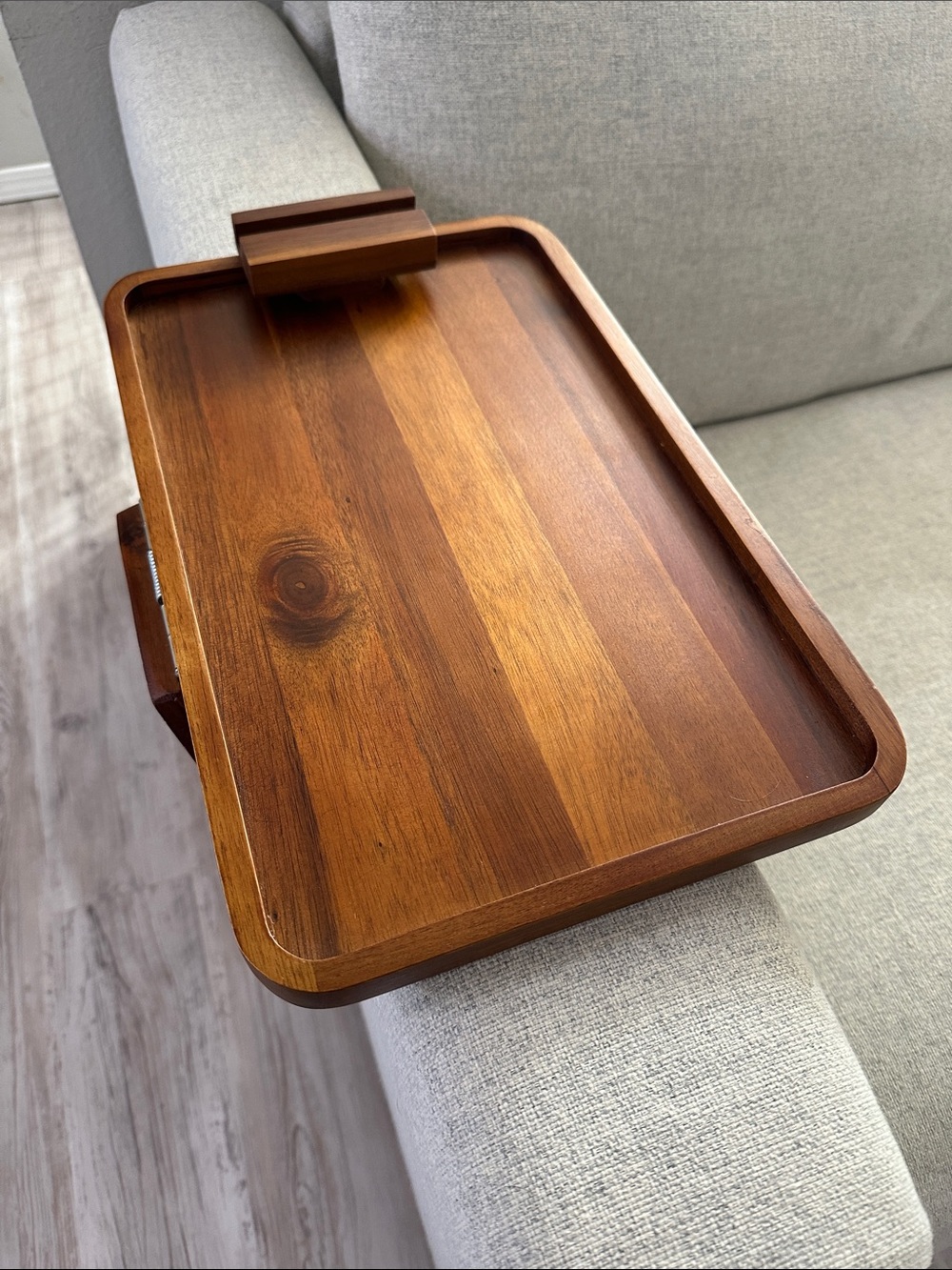 Wood Sofa Arm Tray in Brown - Secure Couch Caddy
